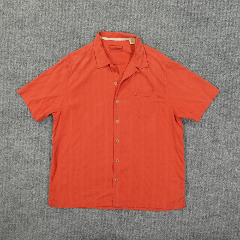 Tommy Bahama Shirt Mens Large Orange Silk Island Modern Fit Short Sleeve Camp
